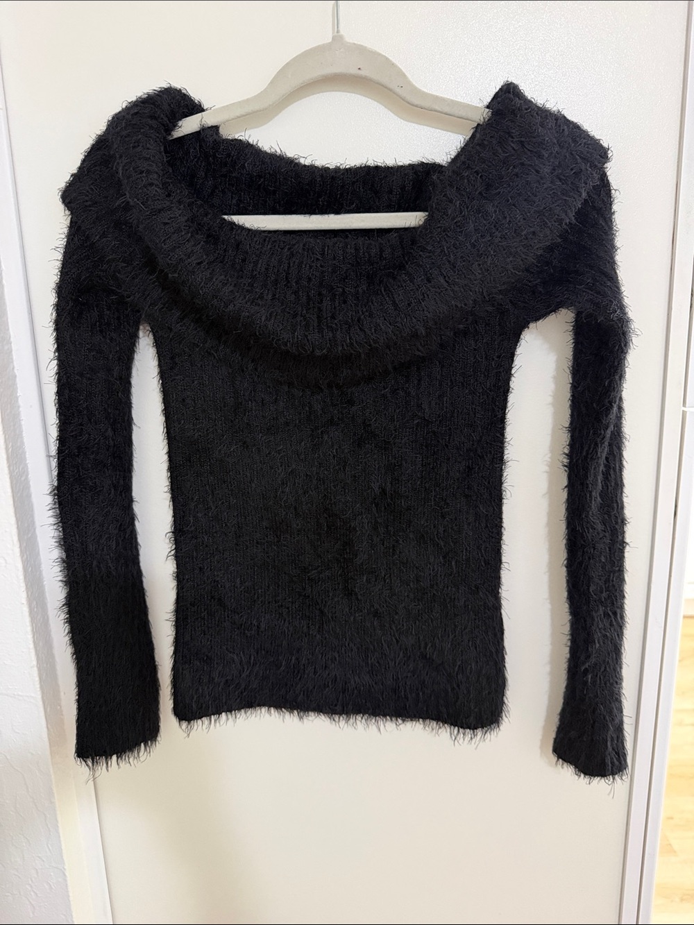 Forever 21 Black Fuzzy Off-Shoulder Sweater | M